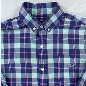 Vineyard Vines Slim Fit Tucker Shirt Blue Teal Pink Plaid Cotton Men's XS